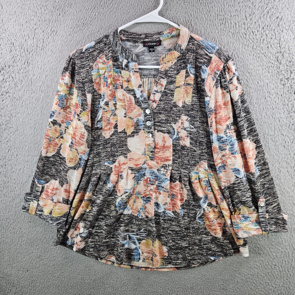 Cocomo Floral Henley Top Womens Medium Gray Pink 3/4 Sleeve Button Tab Blouse